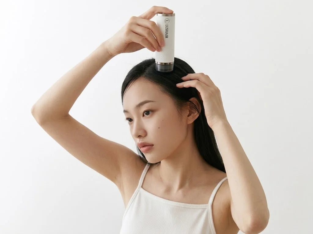 A woman holding the Lushair One scanner to the top of her head