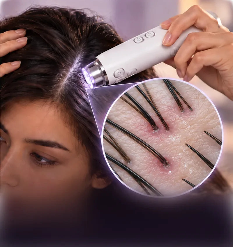 A Lushair scanner on the scalp, with a magnified view of strands and follicles beside it